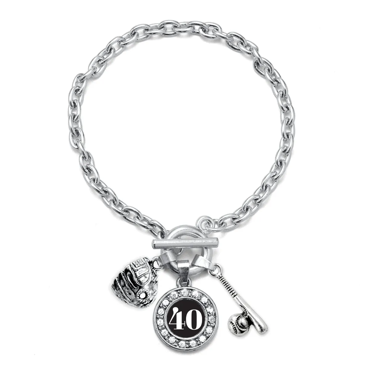 Silver Baseball/Softball - Sports Number 40 Circle Charm Toggle Bracelet