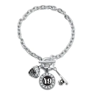 Silver Baseball/Softball - Sports Number 49 Circle Charm Toggle Bracelet