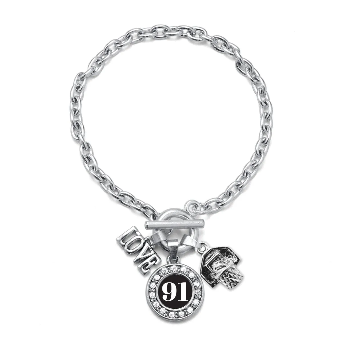 Silver Basketball Hoop - Sports Number 91 Circle Charm Toggle Bracelet