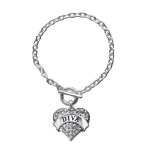 Silver Diva Pave Heart Charm Toggle Bracelet