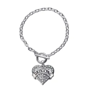 Silver Drinking Pave Heart Charm Toggle Bracelet