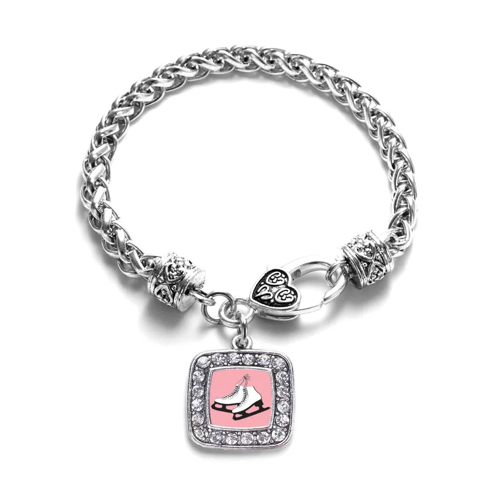 Silver Figure Skates Square Charm Braided Bracelet