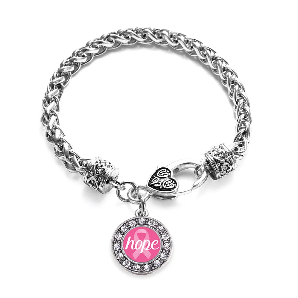 Silver Hope Ribbon Breast Cancer Awareness Circle Charm Braided Bracelet