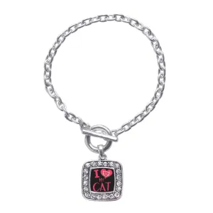 Silver I Love My Cat Square Charm Toggle Bracelet