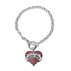 Silver Marines Sister Red Pave Heart Charm Toggle Bracelet