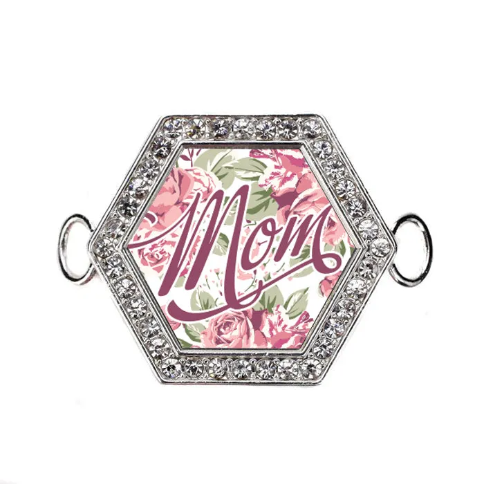 Silver Mom Floral Hexagon Charm Bangle Bracelet