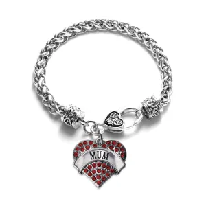 Silver Mum Red Red Pave Heart Charm Braided Bracelet