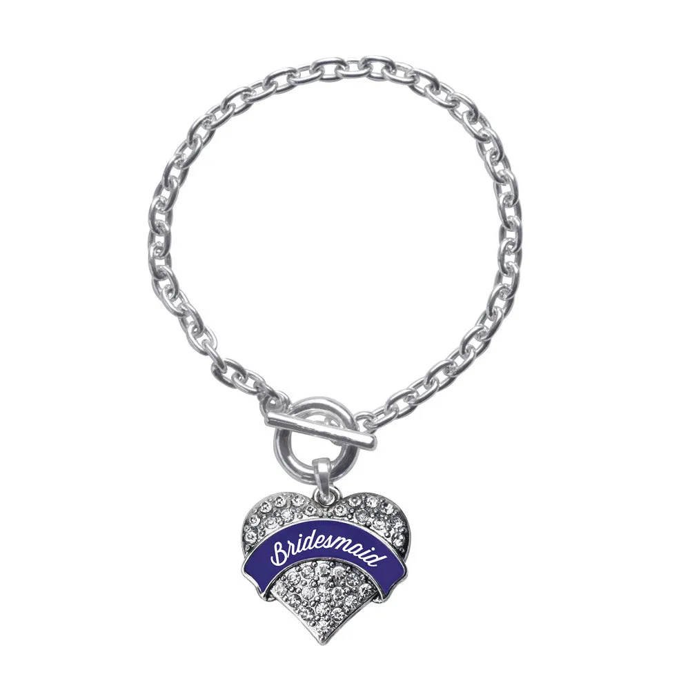 Silver Navy Blue Bridesmaid Pave Heart Charm Toggle Bracelet