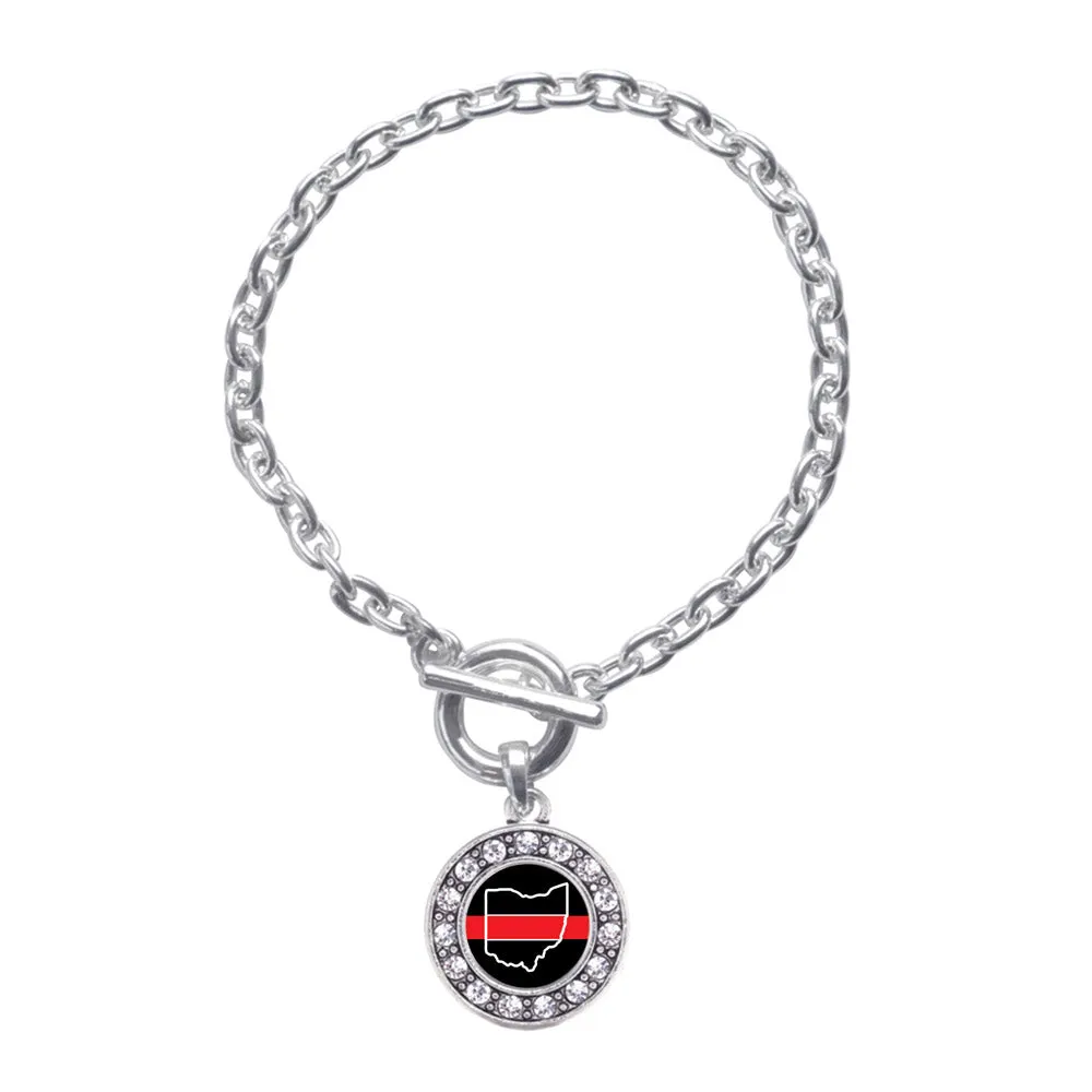 Silver Ohio Thin Red Line Circle Charm Toggle Bracelet