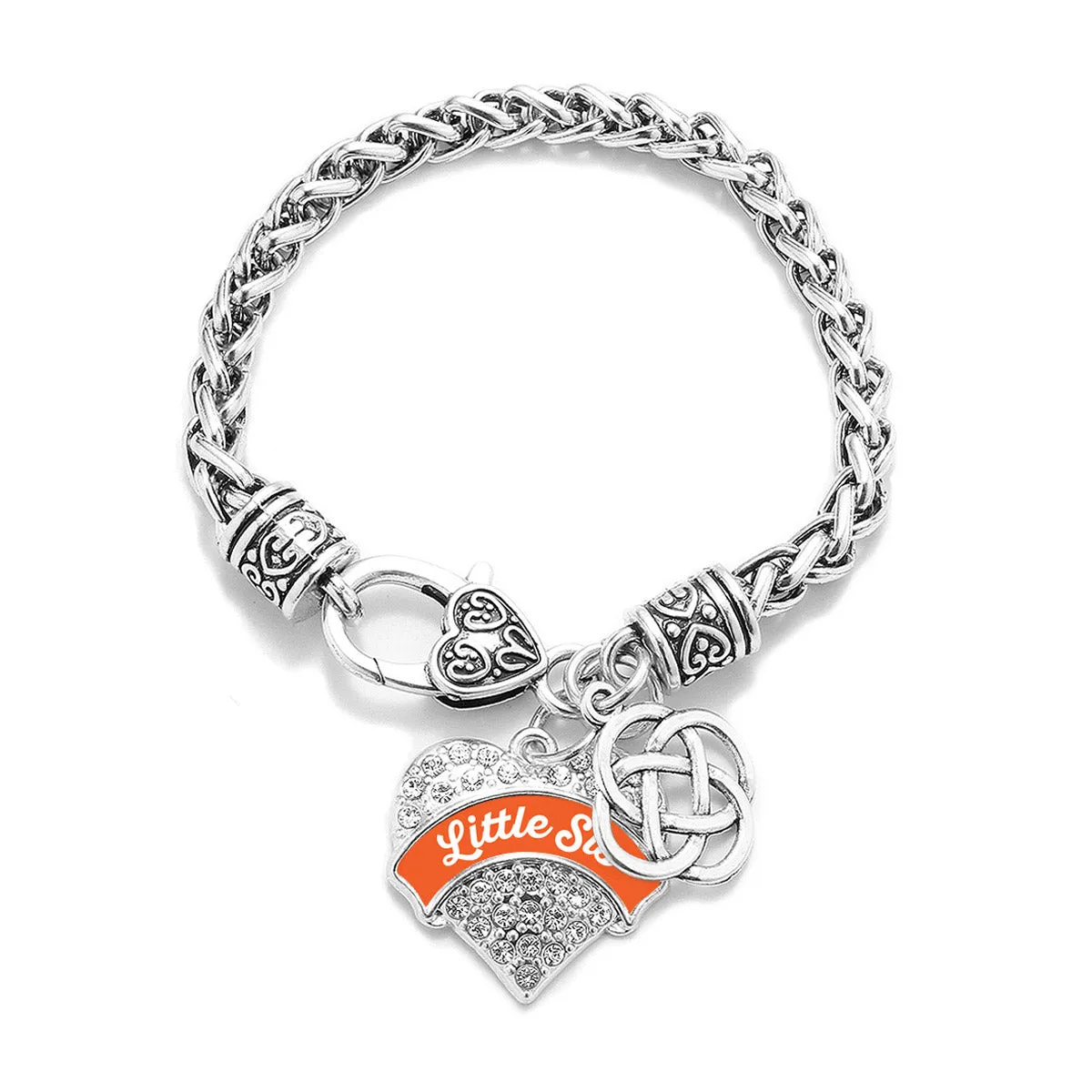 Silver Orange Little Sis Celtic Knot Pave Heart Charm Braided Bracelet