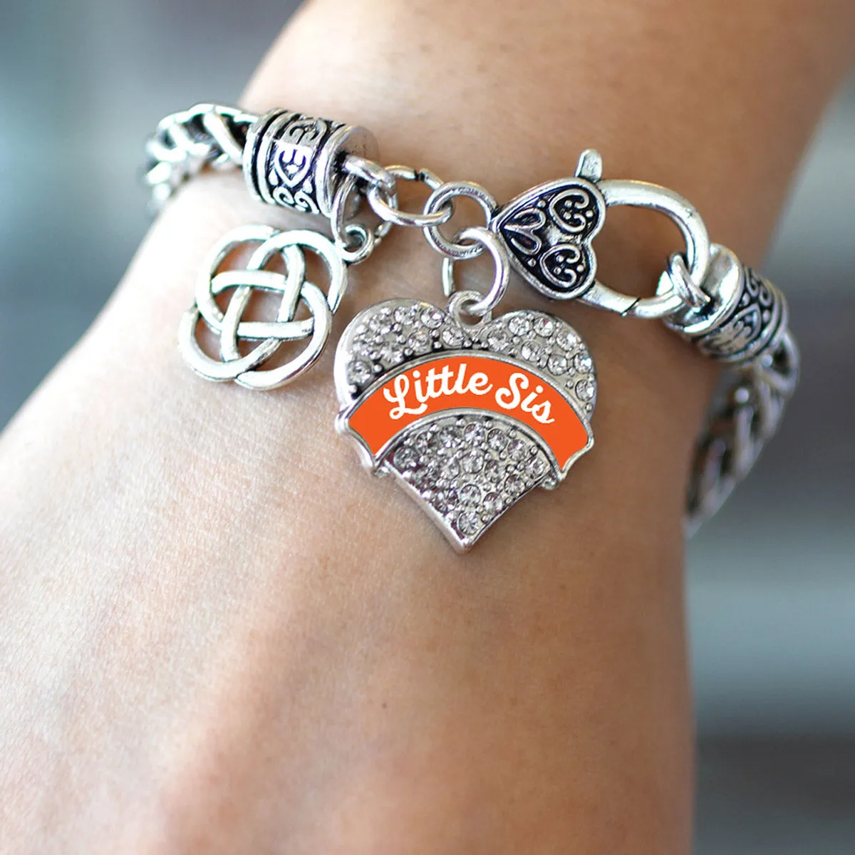 Silver Orange Little Sis Celtic Knot Pave Heart Charm Braided Bracelet