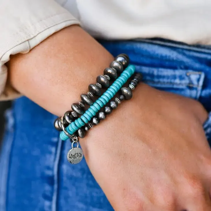 Silver Pearl and Turquoise Stretch Bracelet Stack