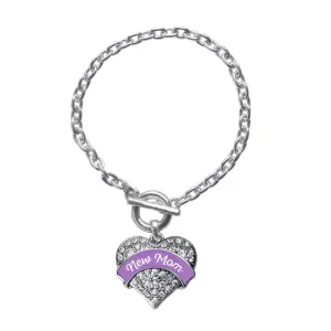 Silver Purple New Mom Pave Heart Charm Toggle Bracelet