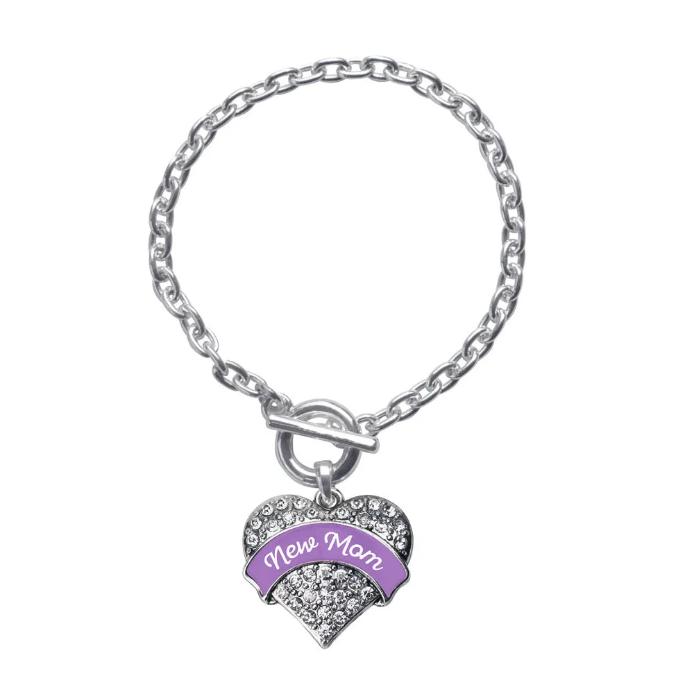 Silver Purple New Mom Pave Heart Charm Toggle Bracelet