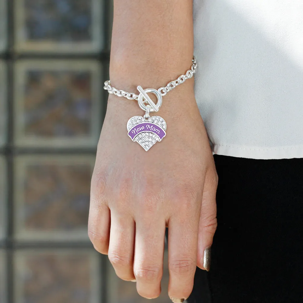 Silver Purple New Mom Pave Heart Charm Toggle Bracelet