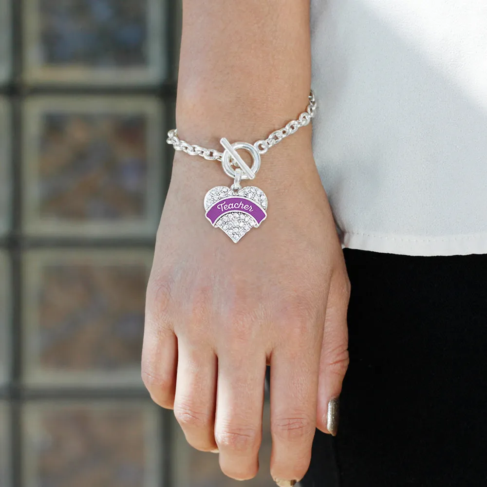 Silver Purple Teacher Pave Heart Charm Toggle Bracelet