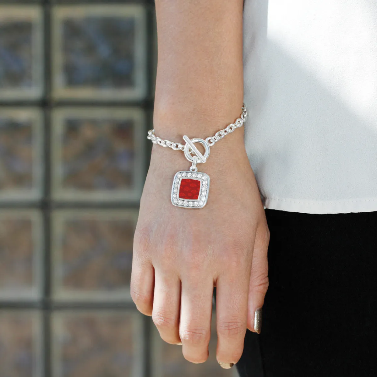 Silver Red Chinese New Year Cloud Pattern Square Charm Toggle Bracelet