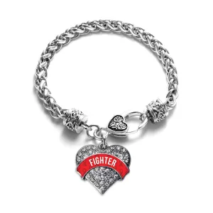 Silver Red Fighter Pave Heart Charm Braided Bracelet