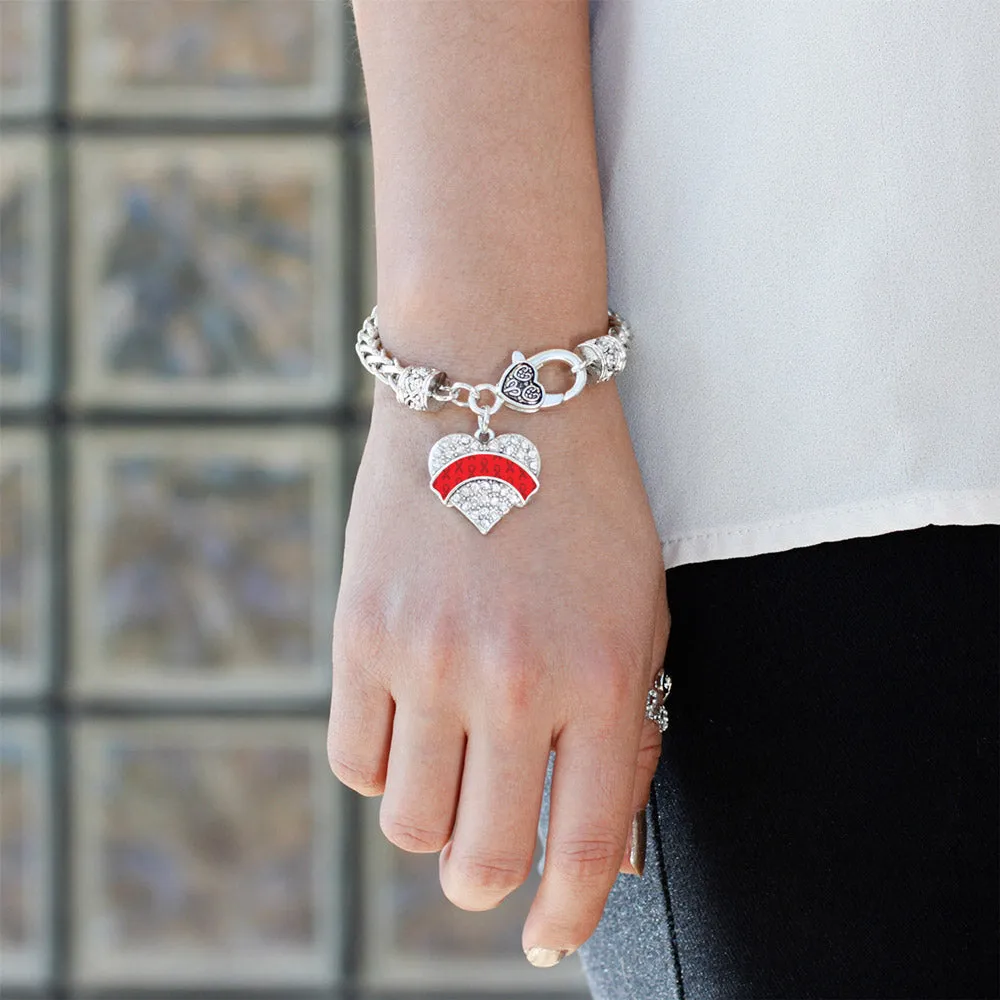 Silver Red Ribbon Support Pave Heart Charm Braided Bracelet