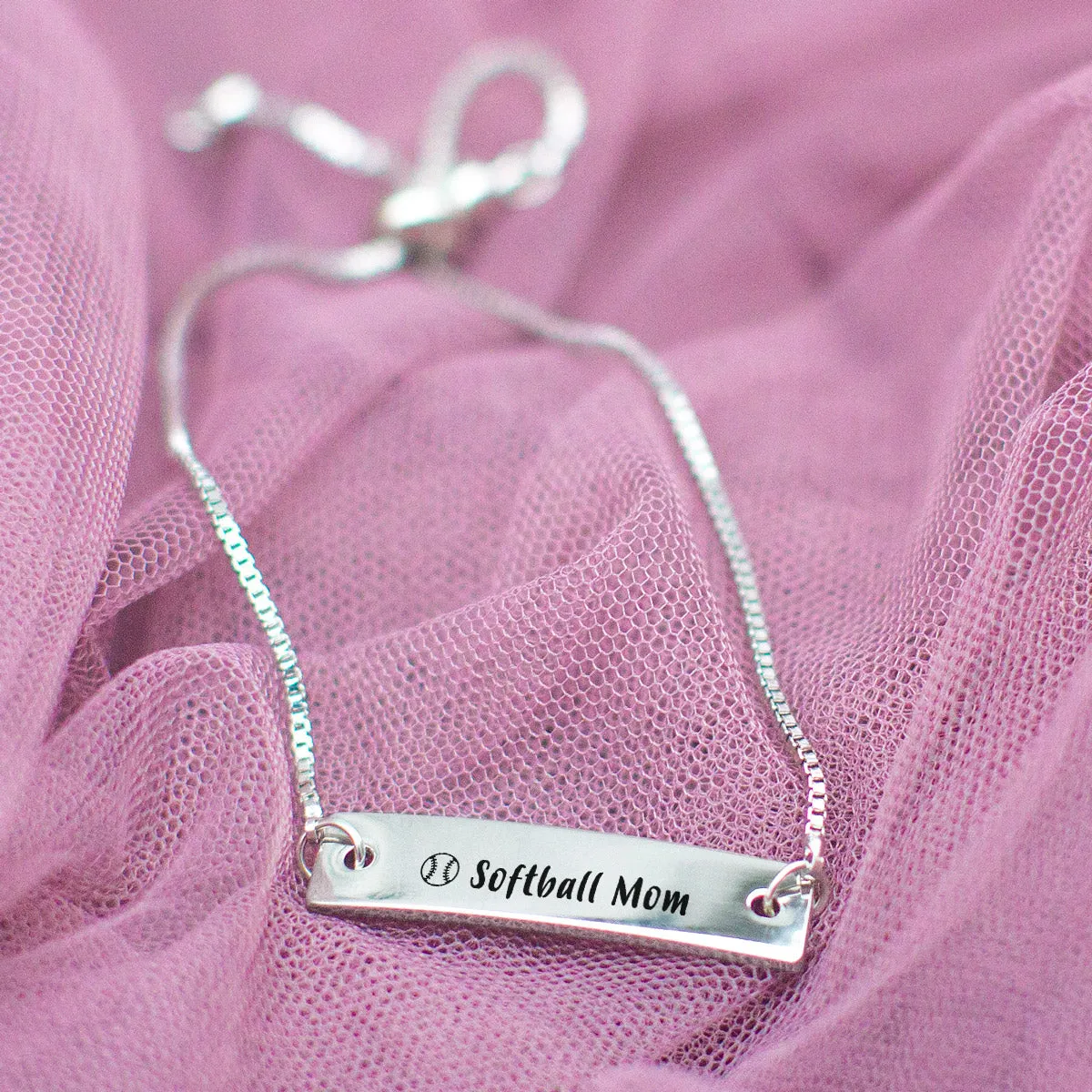 Silver Softball Mom Adjustable Bar Bracelet