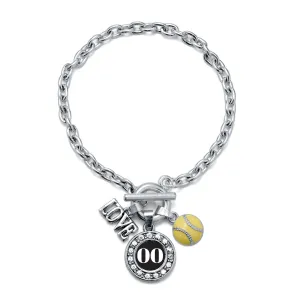 Silver Softball - Sports Number 00 Circle Charm Toggle Bracelet