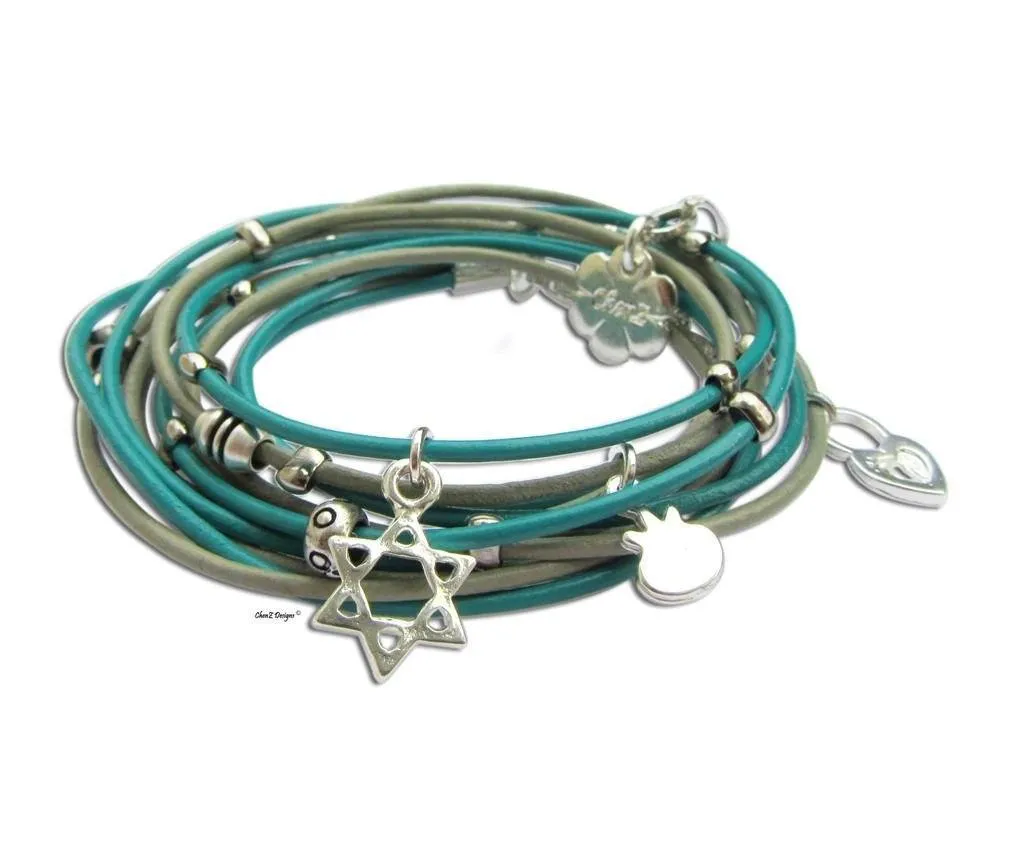 Silver Star Of David Turquoise Leather Wrap Bracelet Jewish Charms