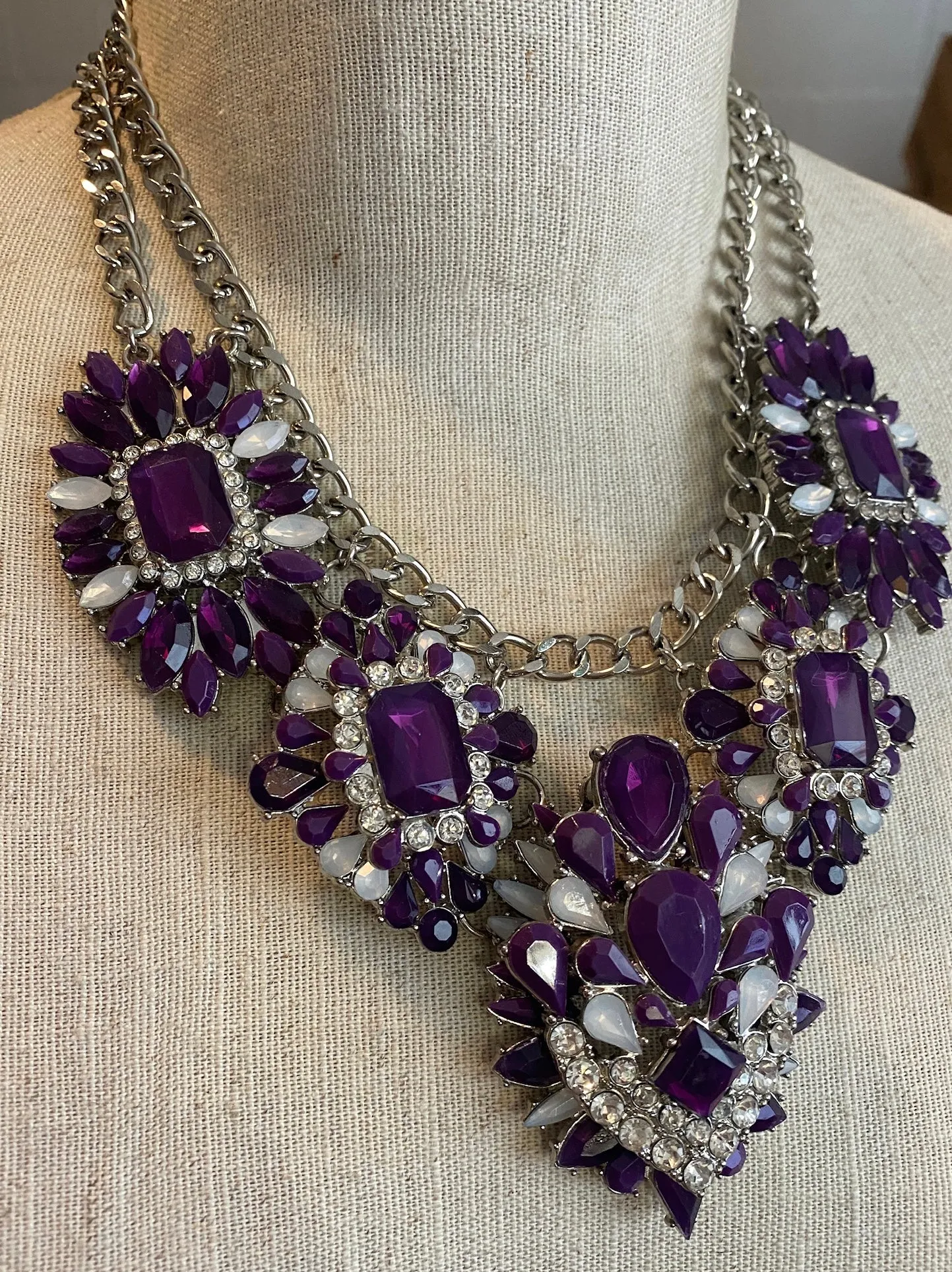 Silvertone Metal Rhinestone Purple Statement Pageant Collar Bib Necklace