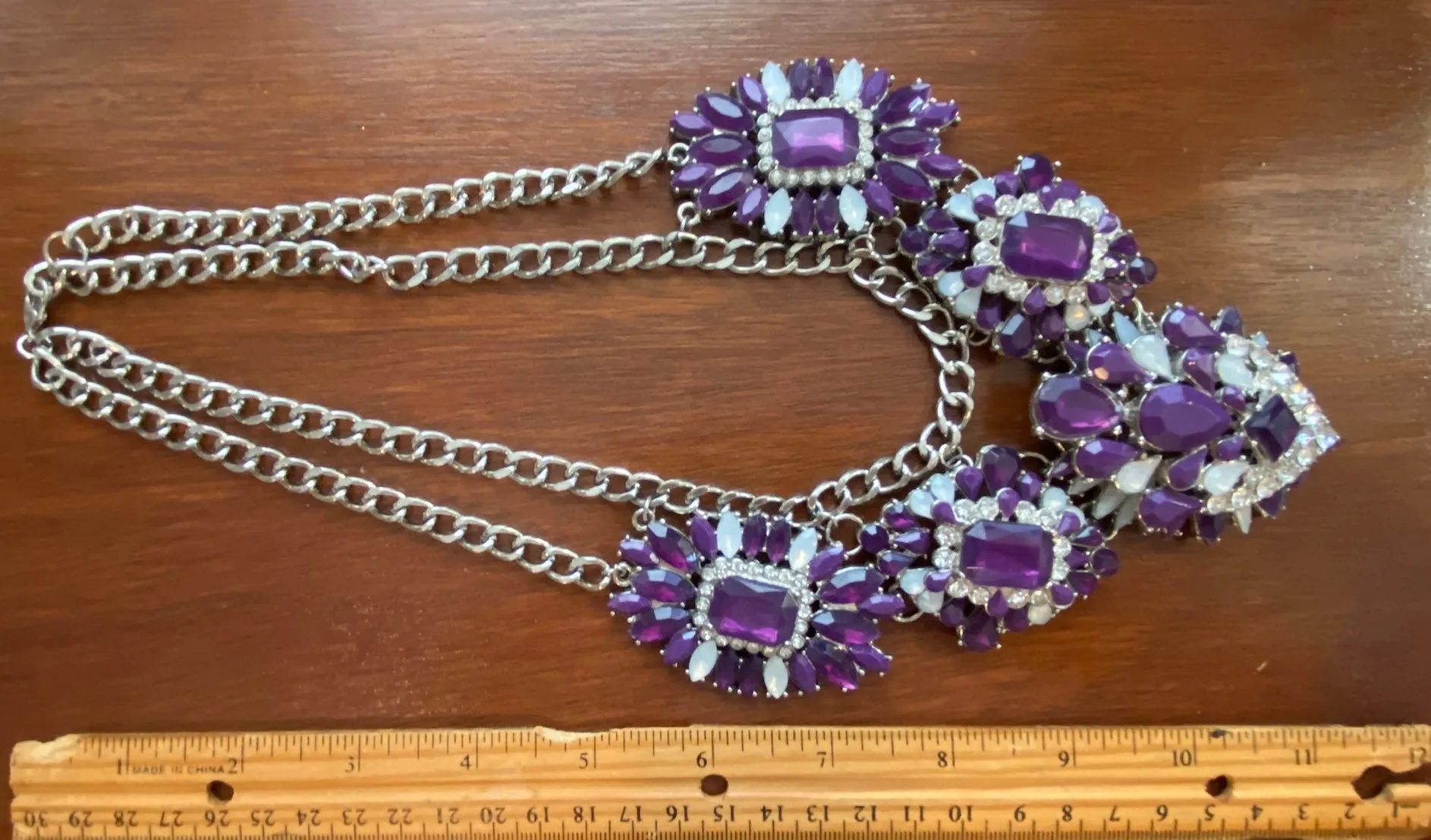 Silvertone Metal Rhinestone Purple Statement Pageant Collar Bib Necklace