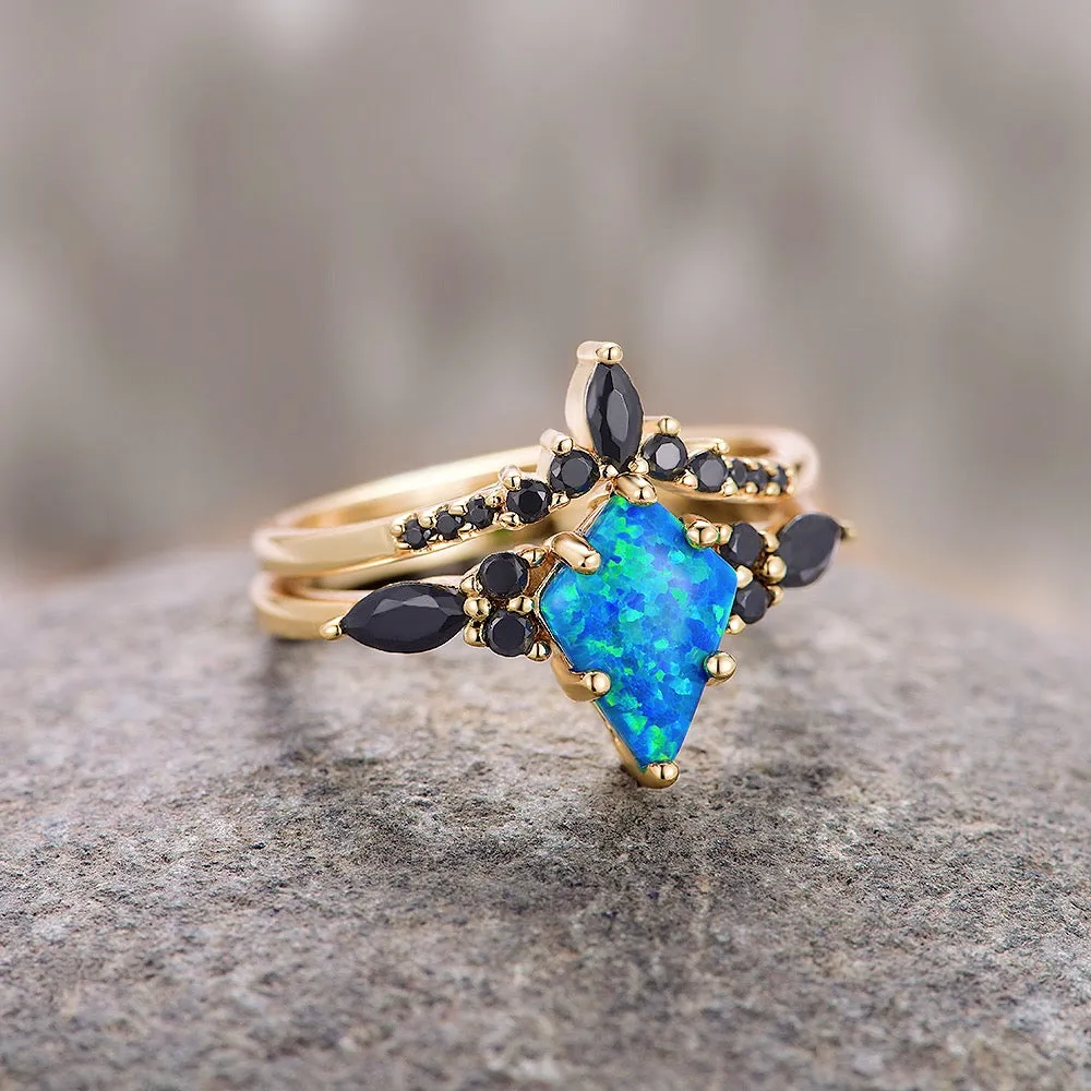 Skye Blue Fire Opal & Black Onyx Ring Set- 14K Yellow Gold Vermeil