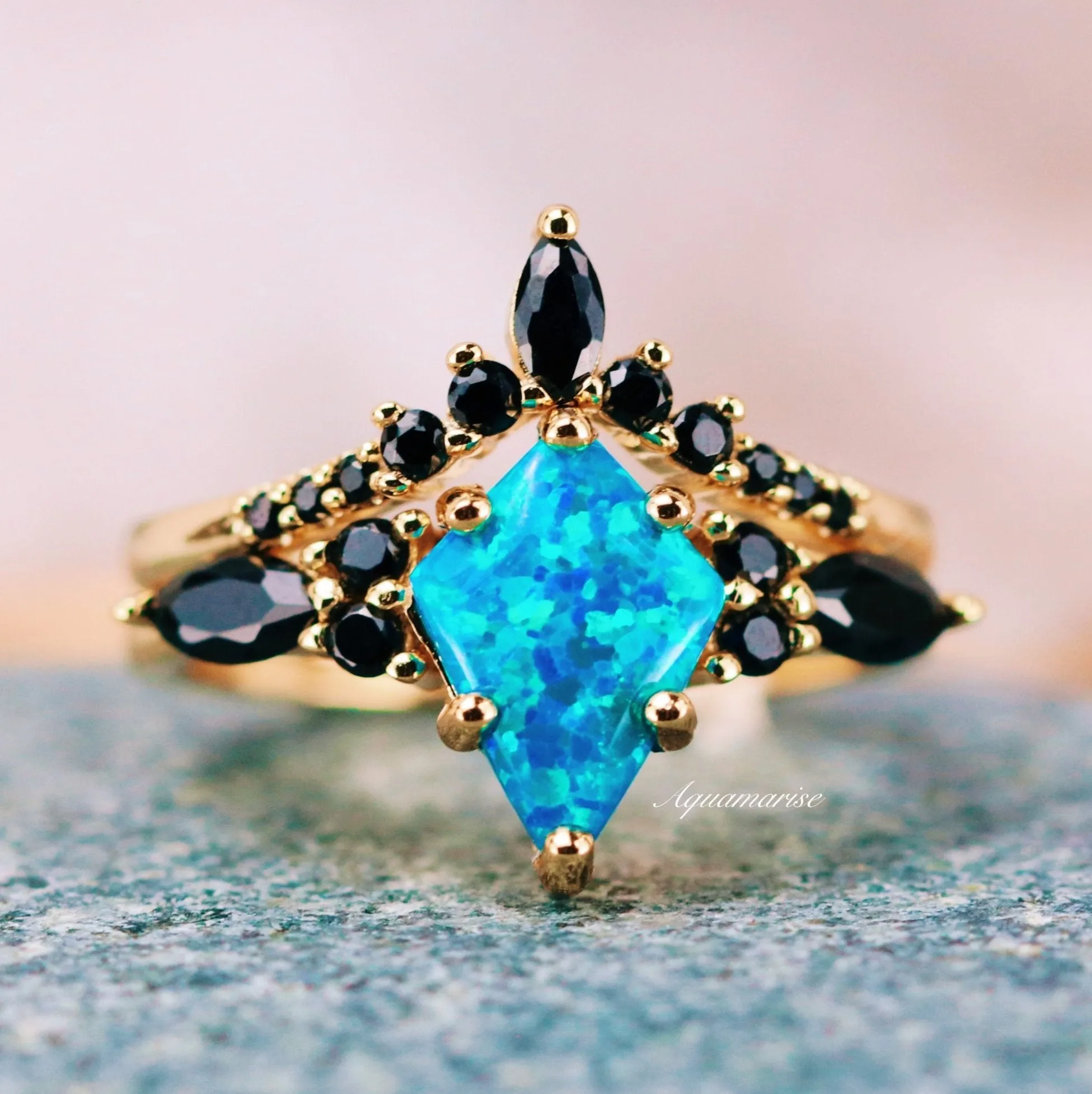 Skye Blue Fire Opal & Black Onyx Ring Set- 14K Yellow Gold Vermeil