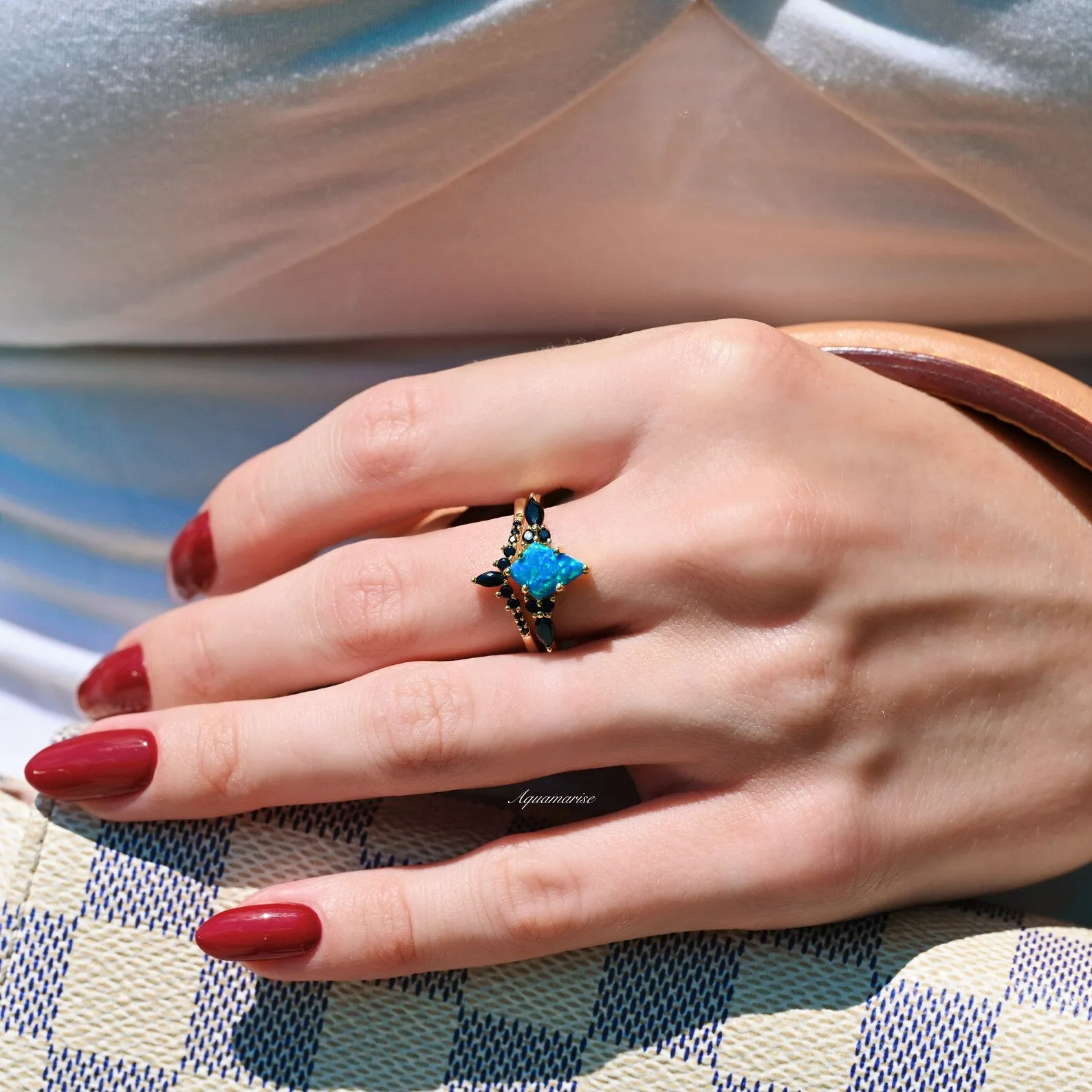 Skye Blue Fire Opal & Black Onyx Ring Set- 14K Yellow Gold Vermeil