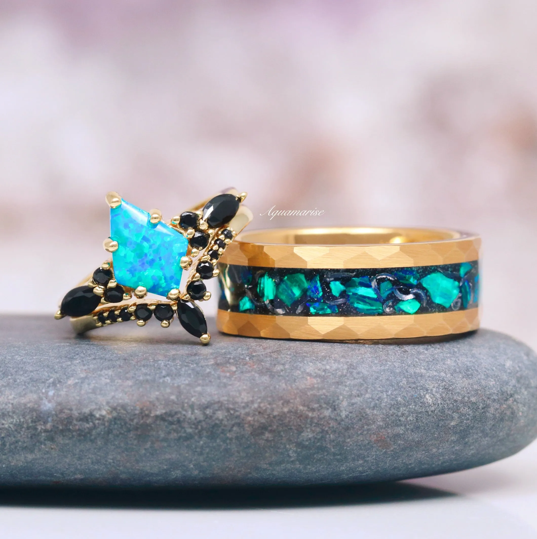 Skye Blue Fire Opal & Black Onyx Ring Set- 14K Yellow Gold Vermeil