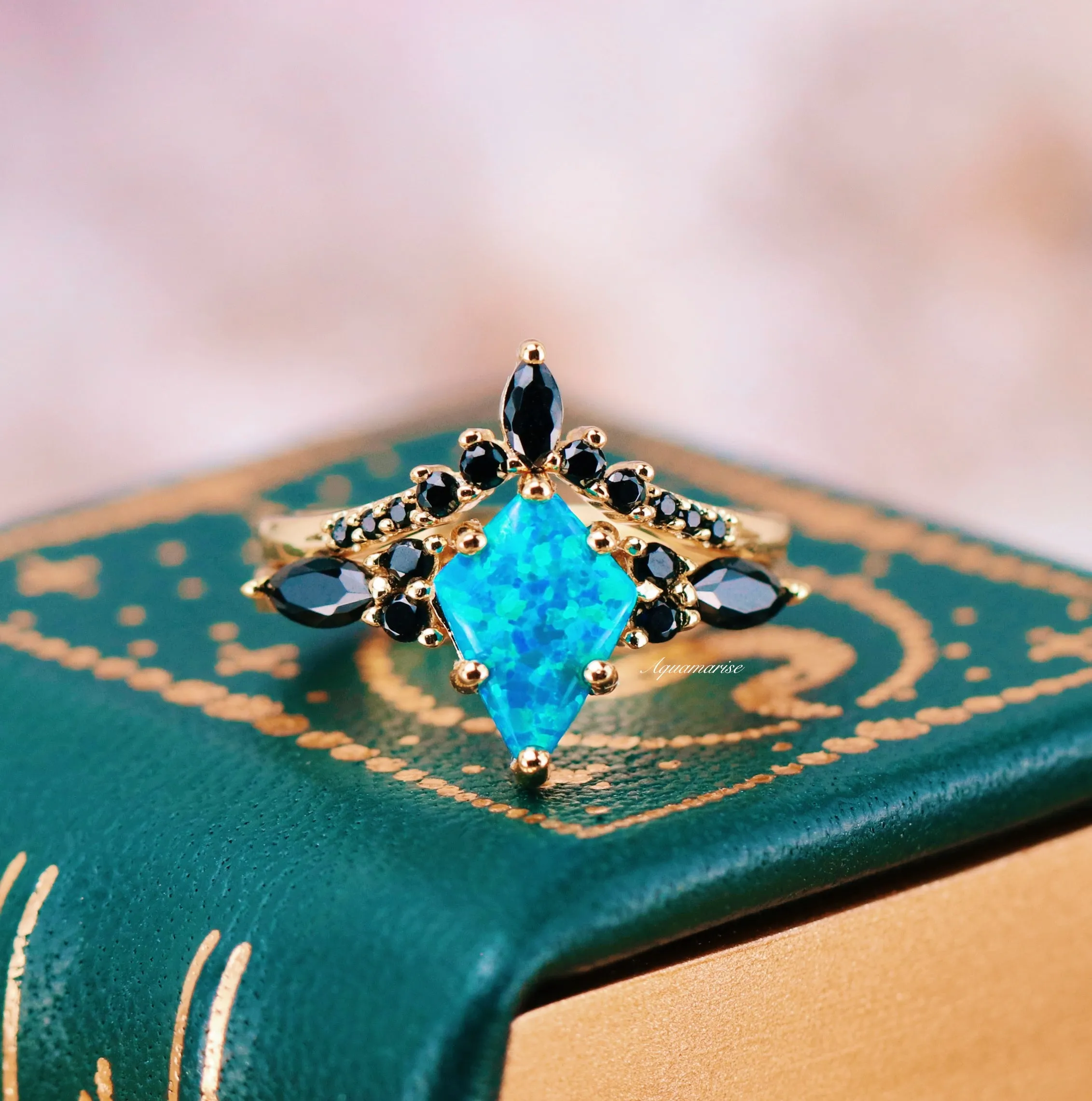 Skye Blue Fire Opal & Black Onyx Ring Set- 14K Yellow Gold Vermeil