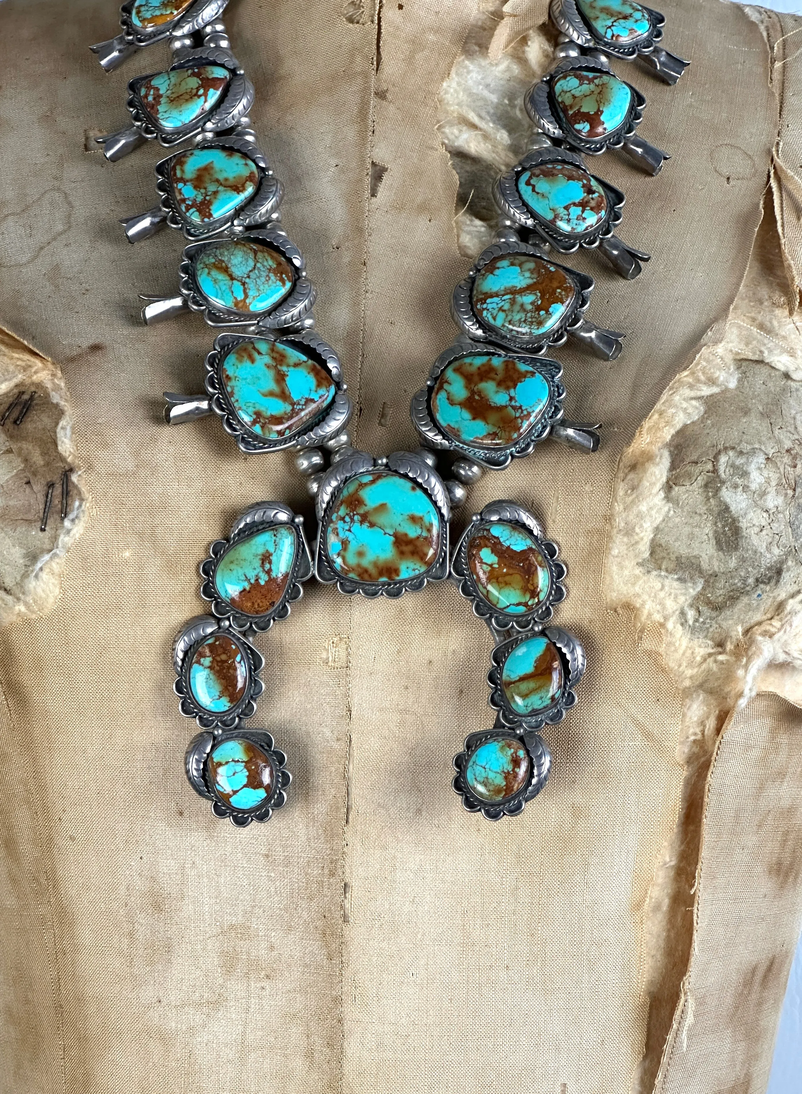 SQUASH BLOSSOM Large Royston Turquoise & Silver Necklace