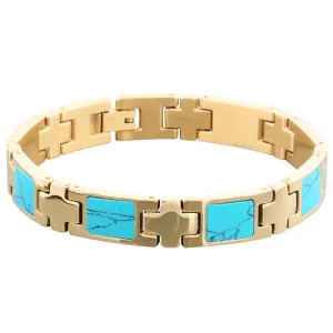 Stainless Steel Yellow Gold Plated Turquoise Inlay Bracelet