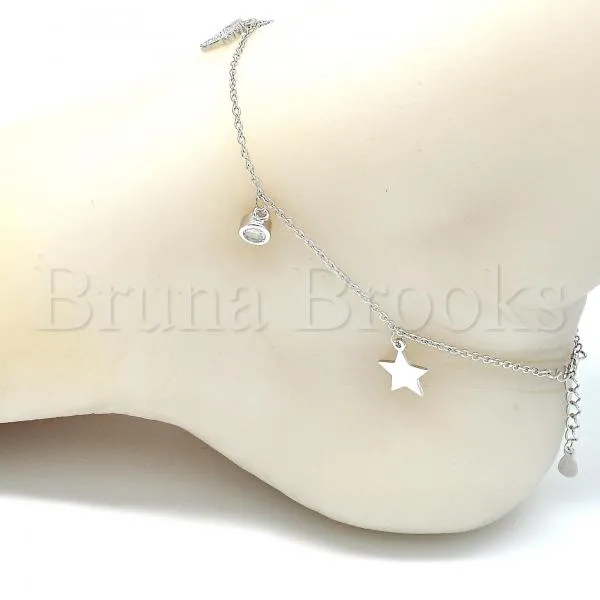 Sterling Silver 03.336.0053.10 Charm Anklet , Feet and Star Design, with White Cubic Zirconia, Polished Finish, Rhodium Tone