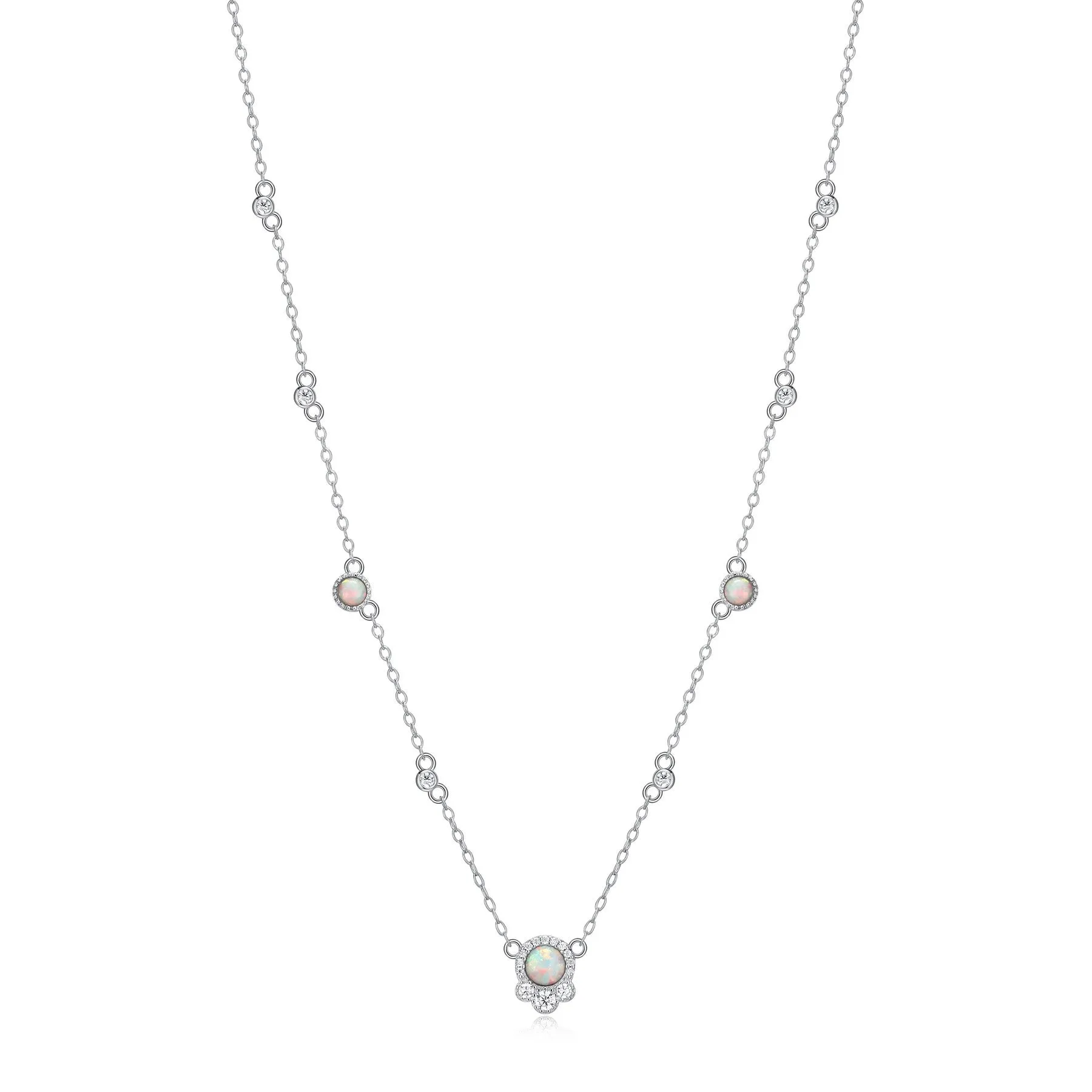 Sterling Silver Created Opal & CZ 16" 2" Station Necklace