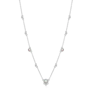 Sterling Silver Created Opal & CZ 16" 2" Station Necklace