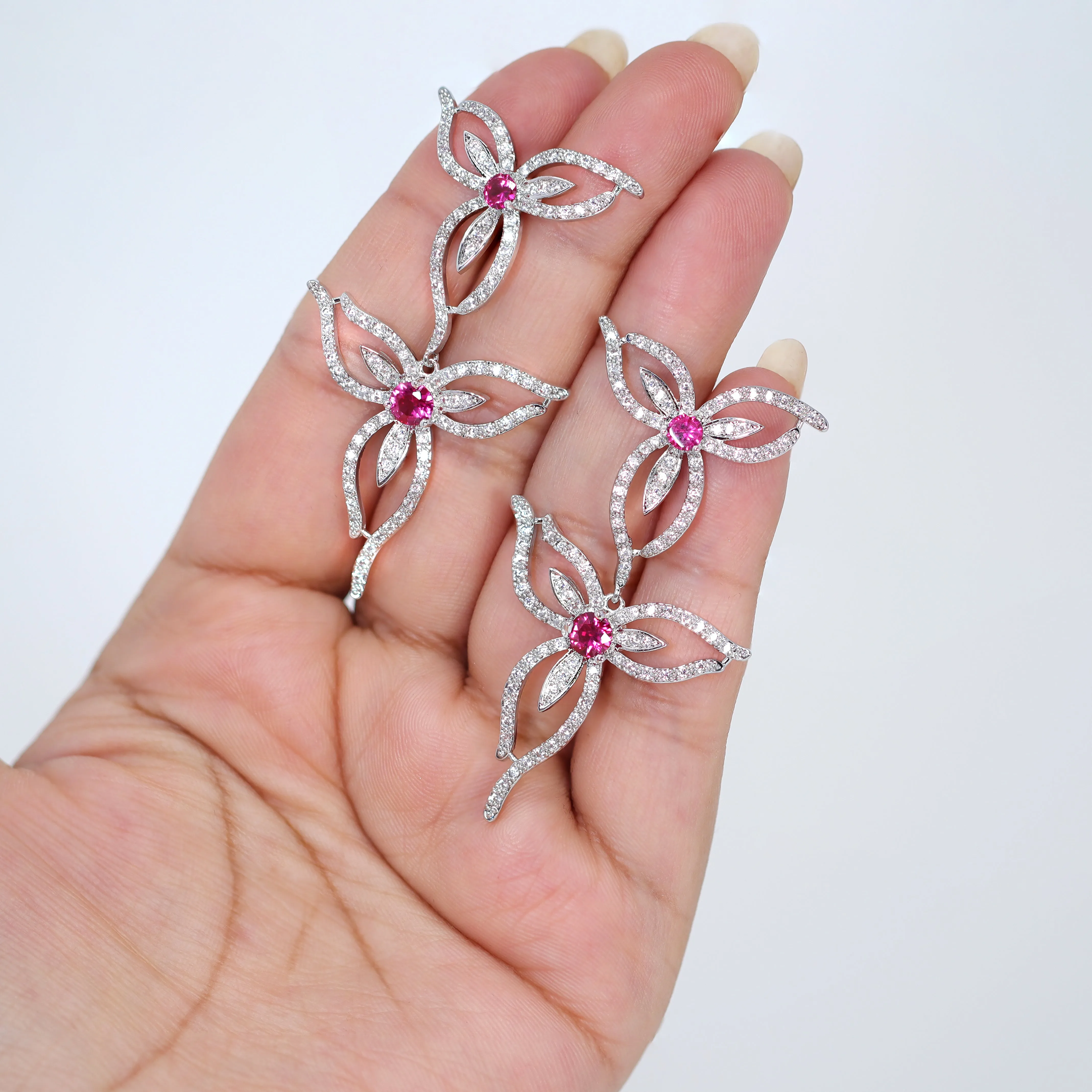 Swarovski Crystal Pink Floral Vine Necklace Set , Long Bridal Jewelry, Bridal Earrings And Necklace, Statement Earrings Cz Necklace Set.