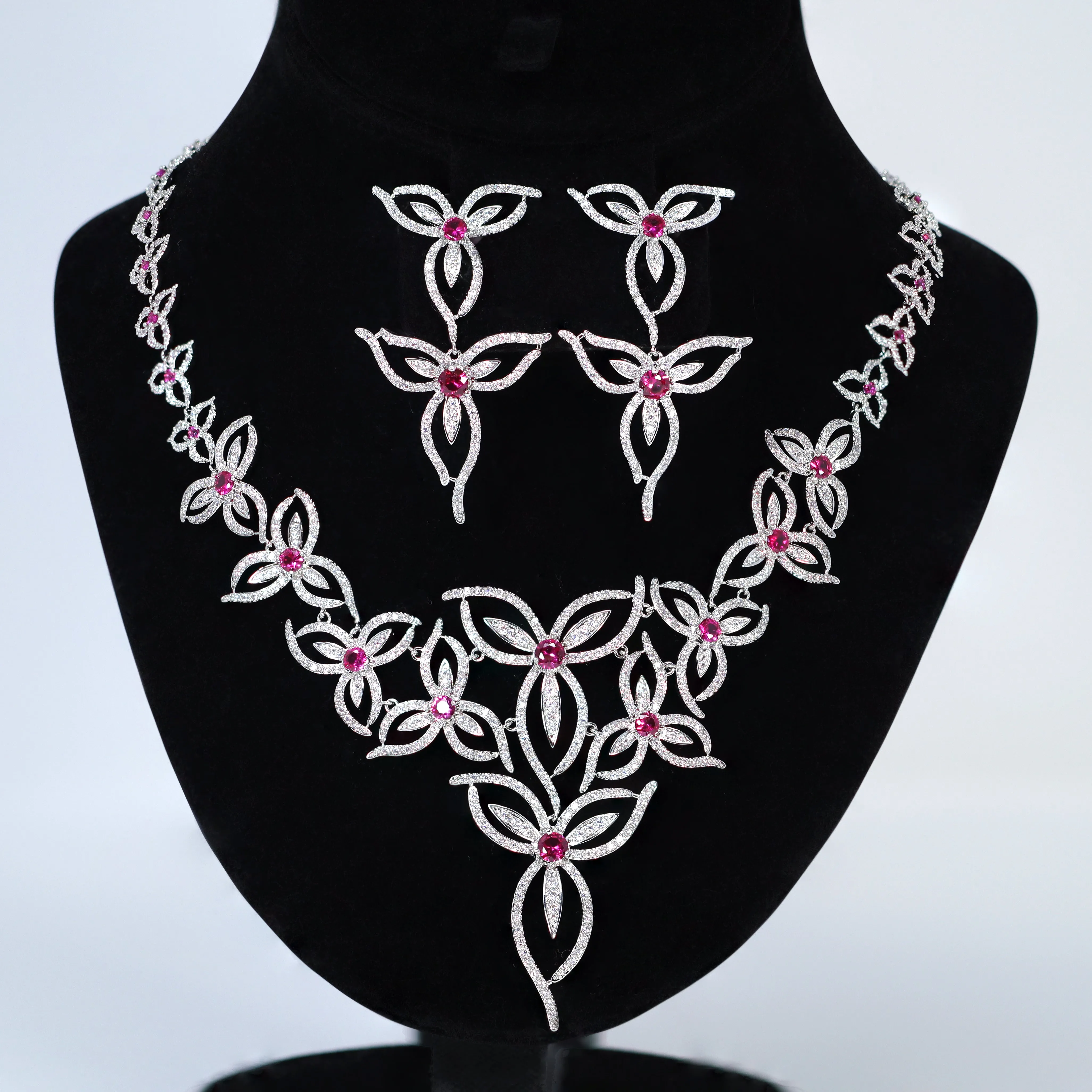 Swarovski Crystal Pink Floral Vine Necklace Set , Long Bridal Jewelry, Bridal Earrings And Necklace, Statement Earrings Cz Necklace Set.