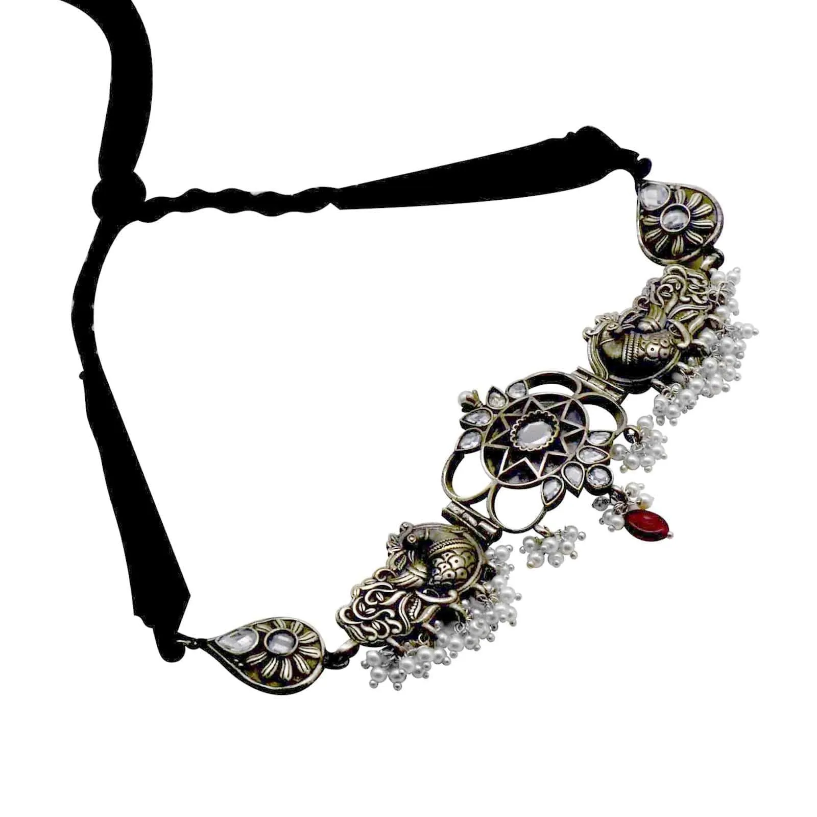 TEEJH Dancing Dual Peacock White Silver Oxidized Choker Necklace for Women