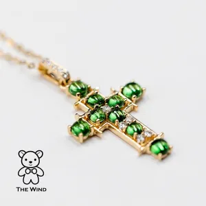 Tsavorite Garnet and Diamond Cross Pendant Necklace 18K Yellow Gold