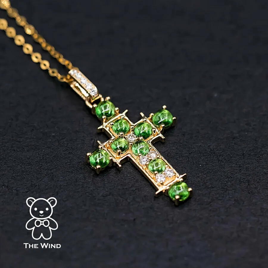 Tsavorite Garnet and Diamond Cross Pendant Necklace 18K Yellow Gold