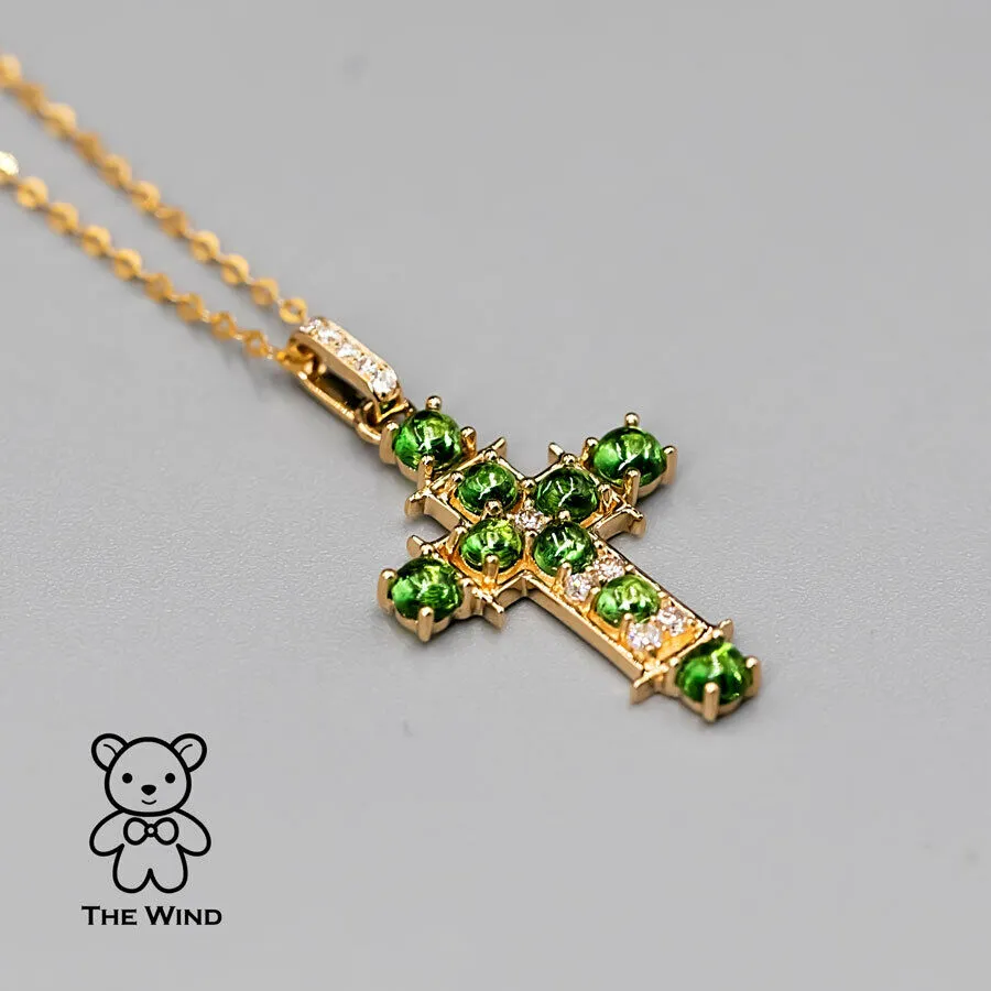 Tsavorite Garnet and Diamond Cross Pendant Necklace 18K Yellow Gold