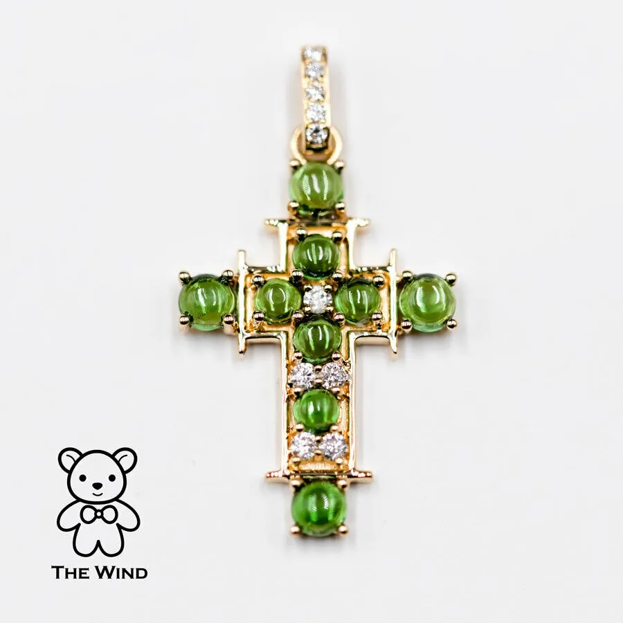 Tsavorite Garnet and Diamond Cross Pendant Necklace 18K Yellow Gold