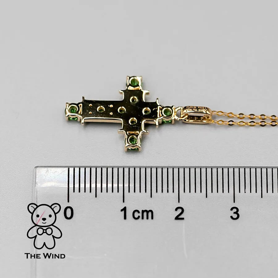 Tsavorite Garnet and Diamond Cross Pendant Necklace 18K Yellow Gold