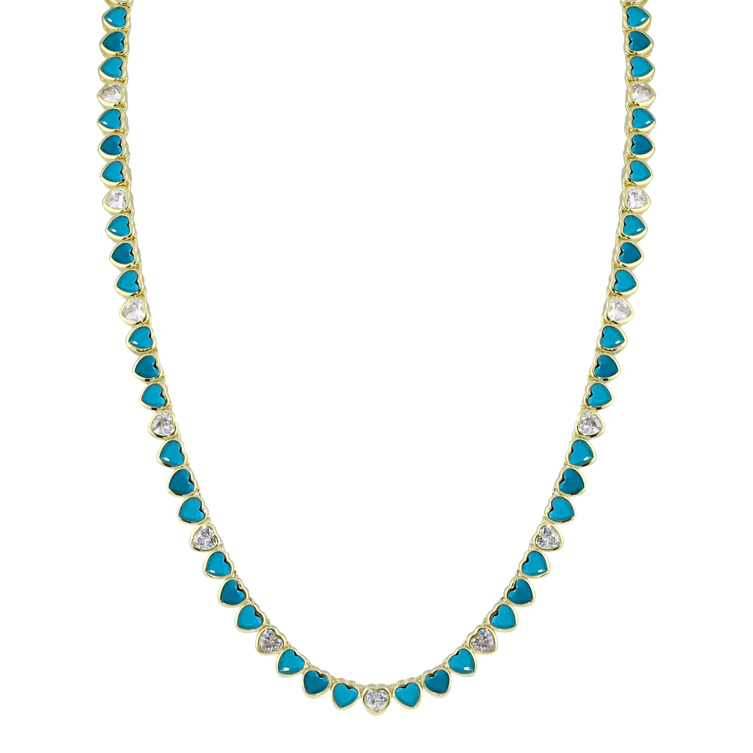 Turquoise Bezel Heart Tennis Necklace