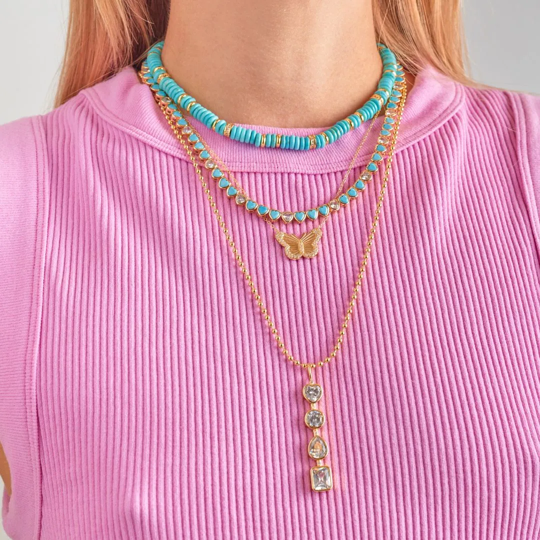 Turquoise Bezel Heart Tennis Necklace