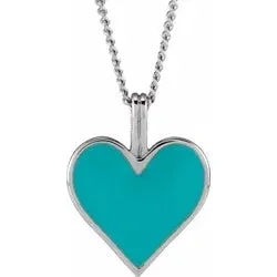 Turquoise Colored Enamel Heart Necklace in 14k Gold