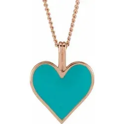 Turquoise Colored Enamel Heart Necklace in 14k Gold